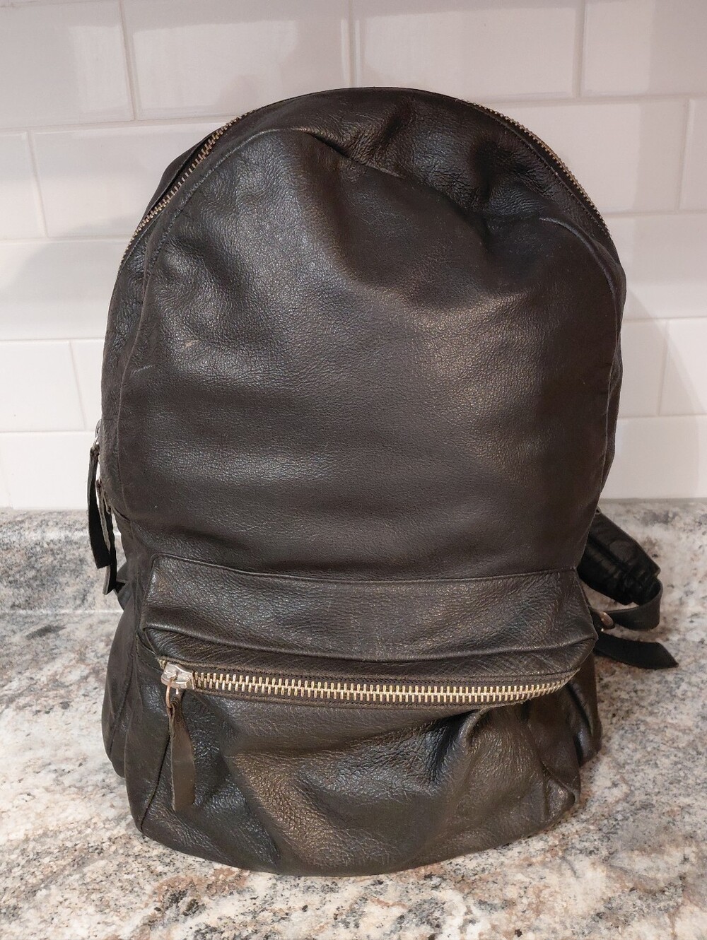 Unisex American Apparel Black Leather Backpack with Silver Zipper